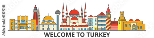 Turkey outline skyline, turkish flat thin line icons, landmarks, illustrations. Turkey cityscape, turkish vector travel city banner. Urban silhouette photo