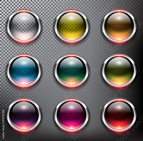Abstract metallic web buttons set of 9. Round glass web icons with chrome frame. Isolated with realistic, transparent glass shine and shadow on the dark background. Vector illustration. Eps10.