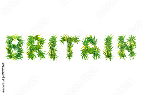 Word Britain made from green cannabis leaves on a white background. Isolated