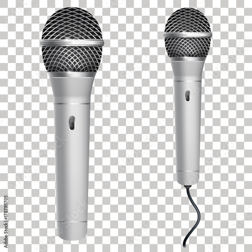 Realistic silver microphone isolated on transparent background. Professional karaoke microphone with wire. Vector illustration. Eps 10.