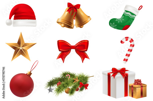 Christmas Symbols set. Colorful christmas icons isolated on white transparent background. Traditional Xmas attributes. Vector illustration. Eps 10