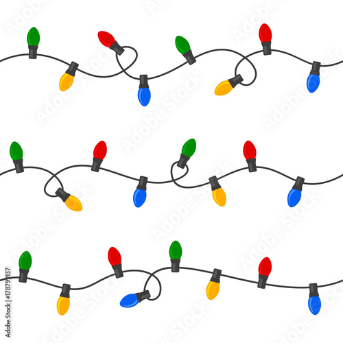 Christmas Lights Seamless Colorful Garland Set. Vector