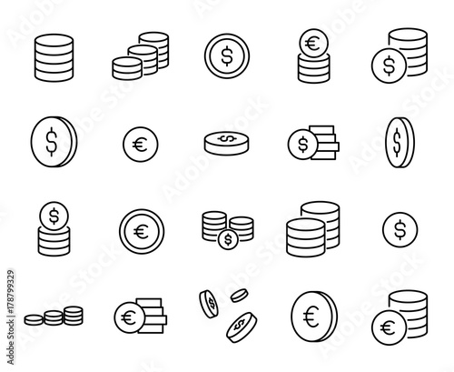 Simple collection of coin related line icons. photo