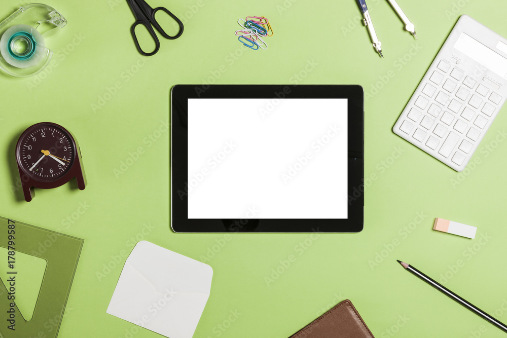 office props(stationary) on the green background. office props(stationary) on the green background.