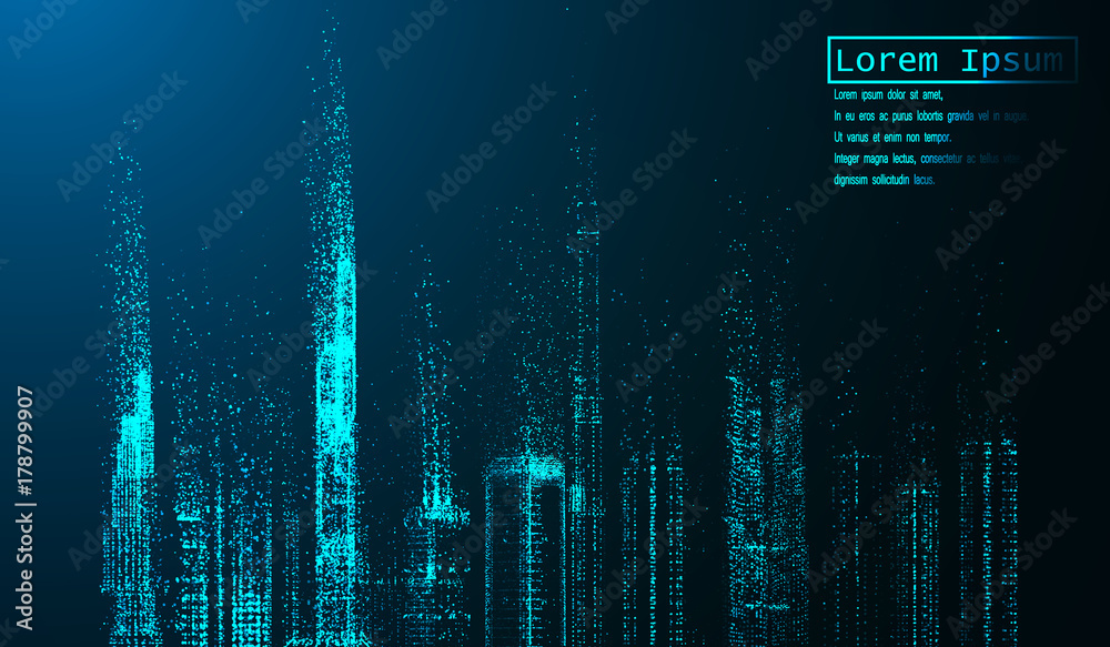 Night city with glowing light effects. Urban cityscape. Shining glitter particles allocated on neutral background. Space for your message. vector illustration.