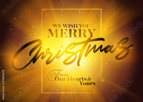 Vector Christmas Greeting Card with Typography, Frame and Gold Holy Light. Traditional Holiday Background with Mystic Divine Glow for Xmas Celebration.