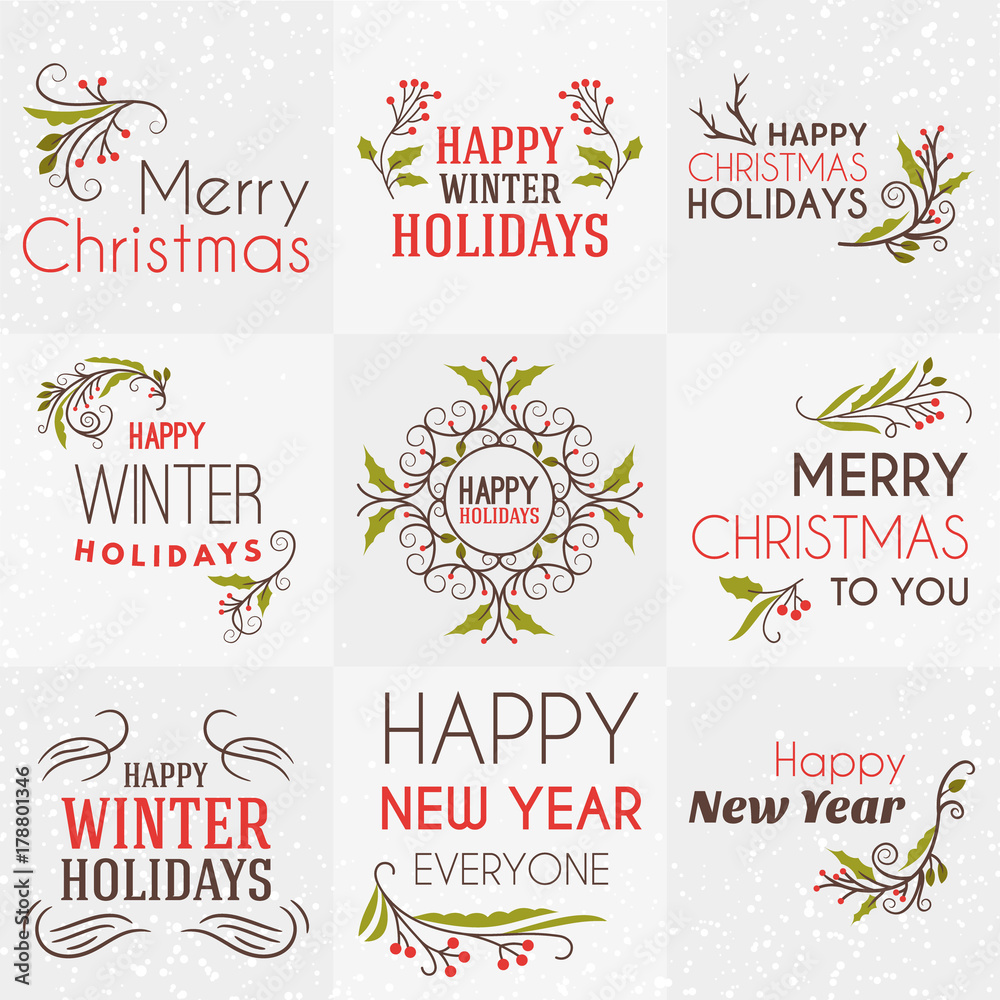 Set of Merry Christmas and Happy New Year Decorative Badges for Greetings Cards or Invitations. Vector Illustration. Typographic Design Elements. Red, Green and Brown Color Theme Set of Merry Christmas and Happy New Year Decorative Badges for Greetings Cards or Invitations. Vector Illustration. Typographic Design Elements. Red, Green and Brown Color Theme