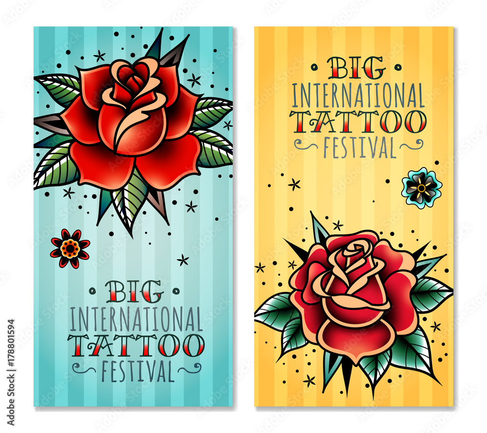 traditional tattoo roses vertical banners Stock Vector | Adobe Stock