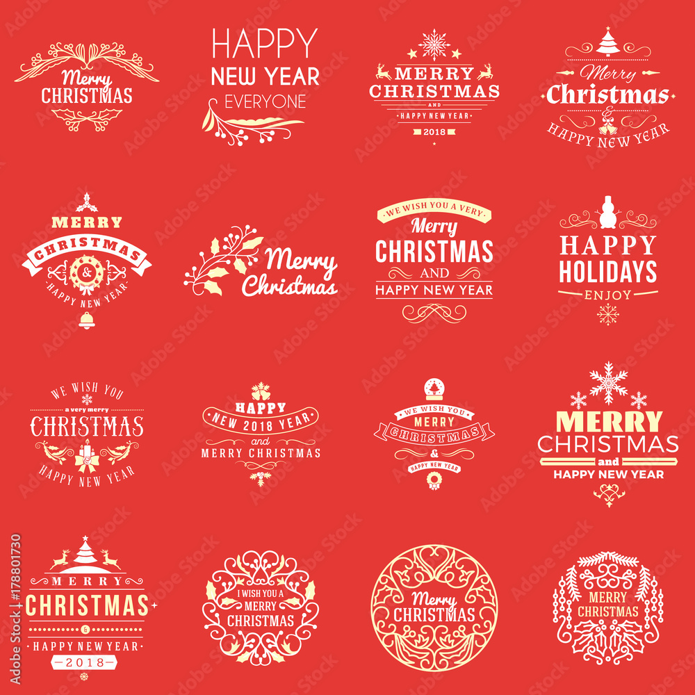 Set of Merry Christmas and Happy New Year Decorative Badges for Greetings Cards or Invitations. Vector Illustration. Typographic Design Elements