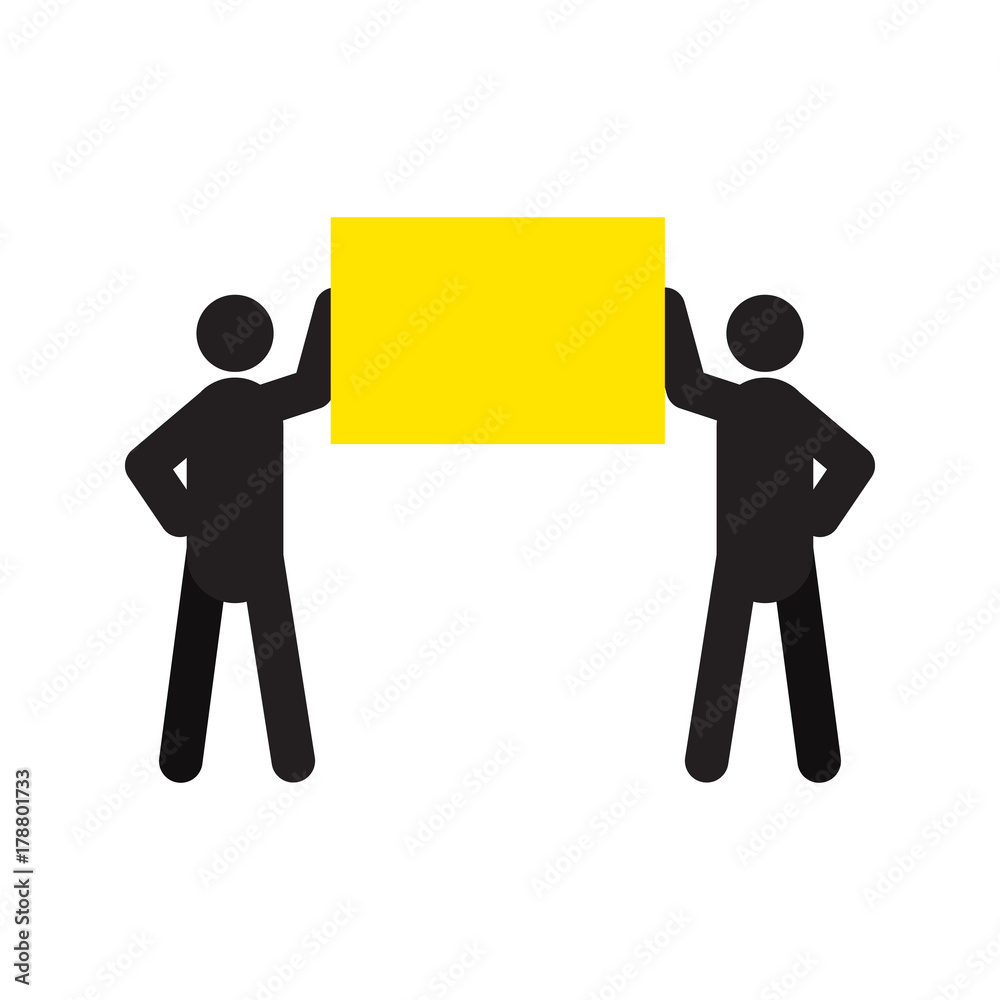 Two men holding poster in hands silhouette icon Two men holding poster in hands silhouette icon