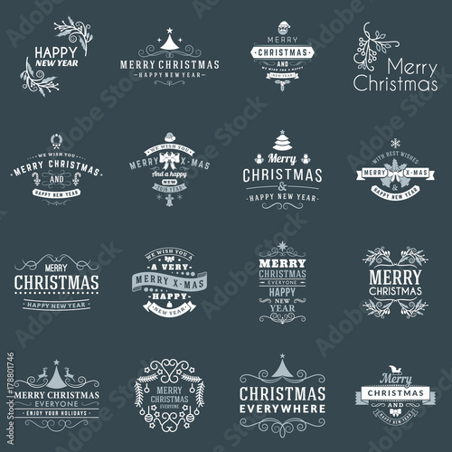 Set of Merry Christmas and Happy New Year Decorative Badges for Greetings Cards or Invitations. Vector Illustration. Typographic Design Elements