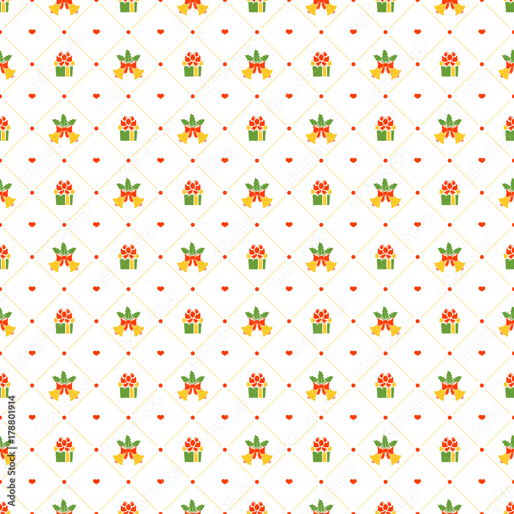 Christmas seamless pattern with mistletoe and bell on white background. Vector background for wrapping paper or greeting cards