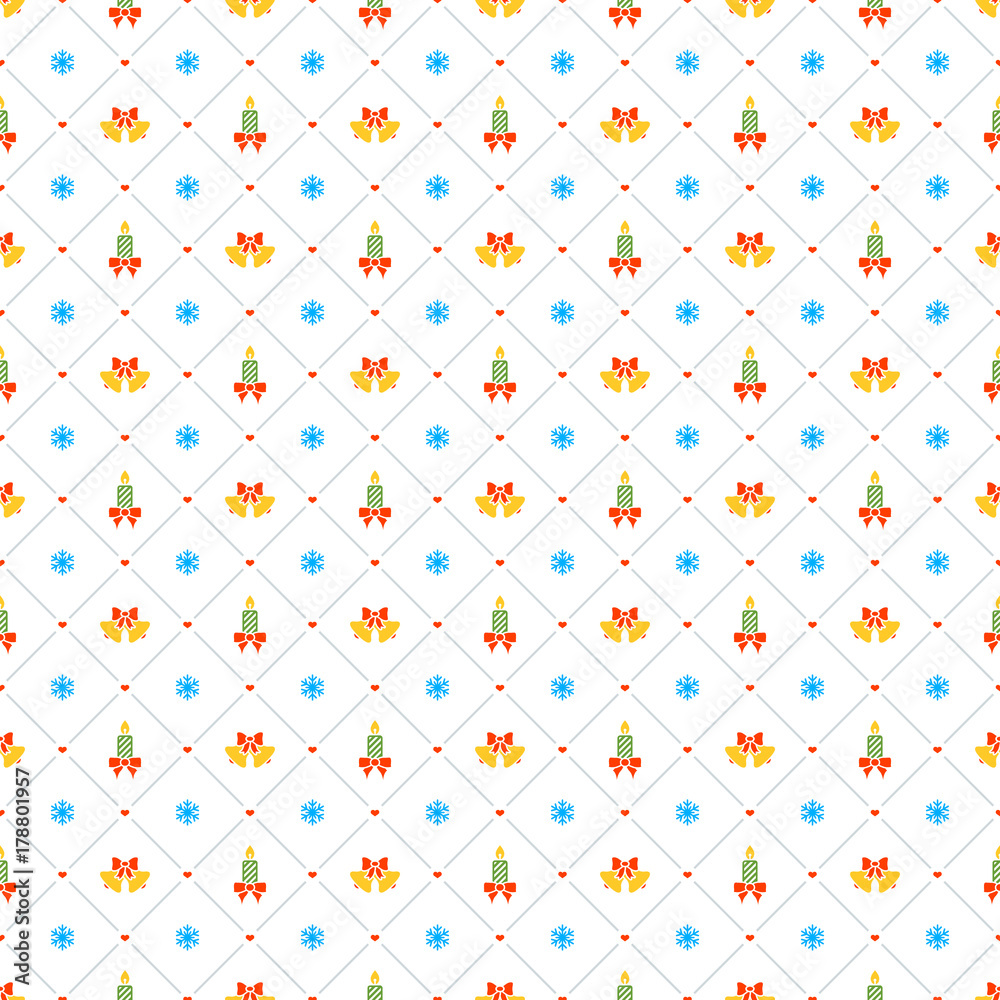 Christmas seamless pattern with bell and candle on white background. Vector background for wrapping paper or greeting cards Christmas seamless pattern with bell and candle on white background. Vector background for wrapping paper or greeting cards