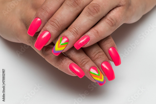 pink manicure on long square nails with the chosen nameless colored nail 