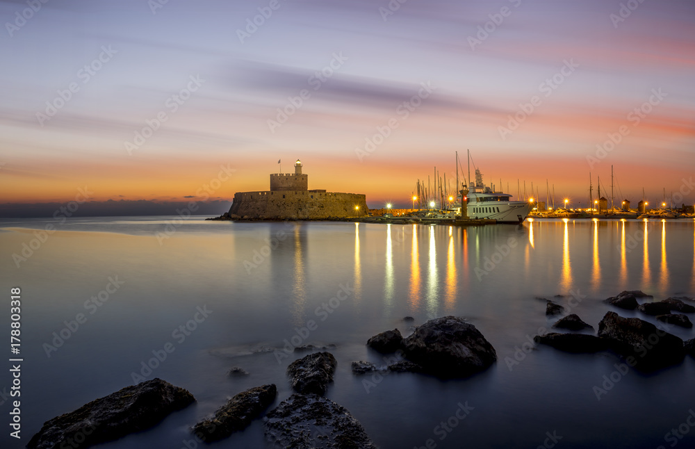 Agios Nikolaos fortress on the Mandraki harbour of Rhodes Greece