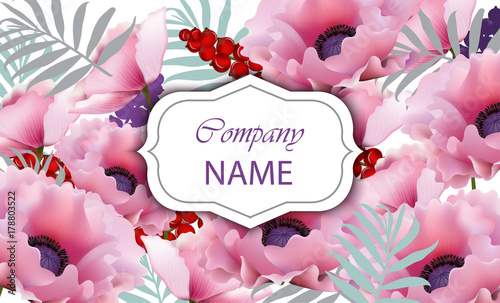 Beautiful card with pink poppy flowers. Vector