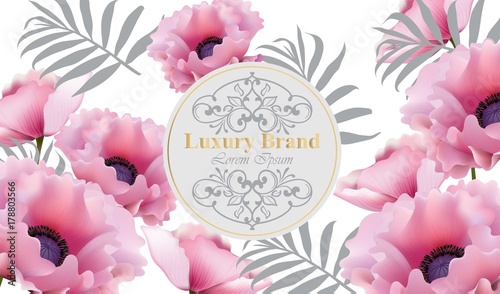 Luxury Beautiful card with pink poppy flowers. Vector illustrations