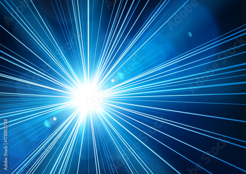 Blue light shining from darkness with realistic lens flare. Vector illustration
