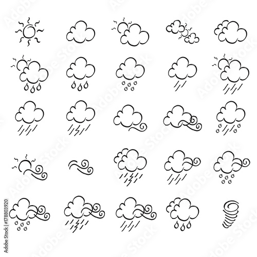 Weather doodle icon set, real pen sketch suitable for for web, mobile and infographics. Vector Illustration