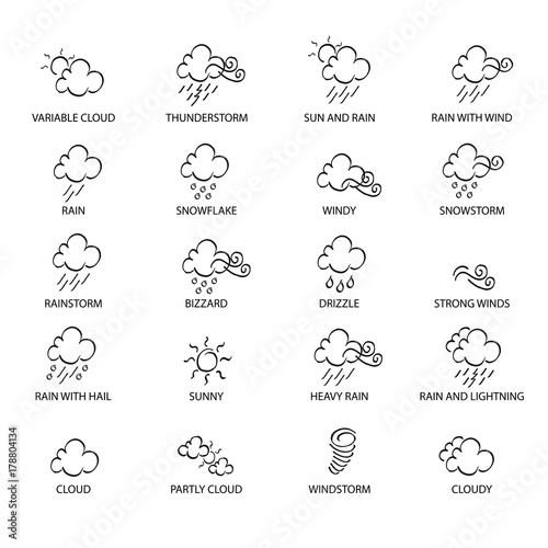 Weather doodle icon set, real pen sketch suitable for for web, mobile and infographics. Vector Illustration