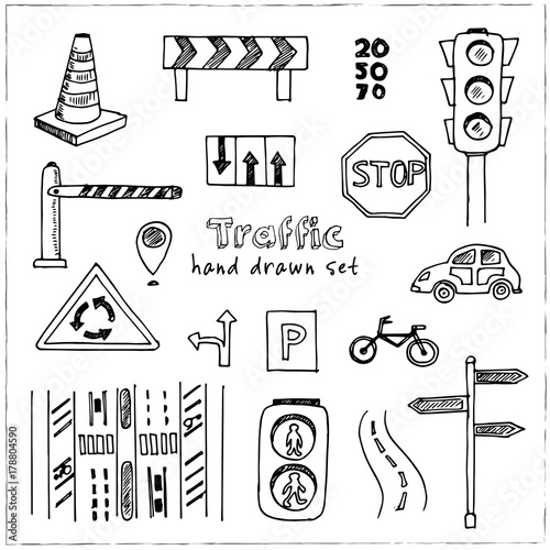 Hand drawn doodle traffic set.