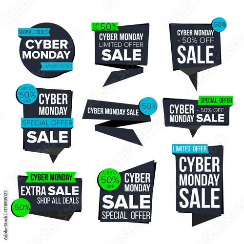 Cyber Monday Sale Banner Set Vector. Sale Technology Banner. Discount Tag, Special Monday Offer Banner. Special Offer Cyber Templates. Best Offer Advertising. Isolated Illustration