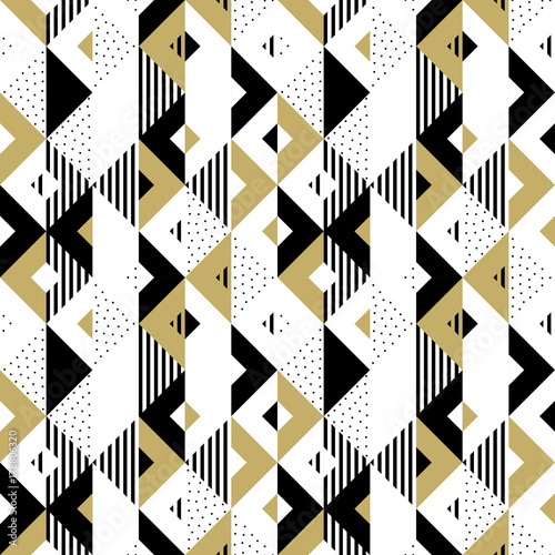 Triangle geometric abstract golden seamless pattern. Vector background of black, white and gold triangular pattern or square swatch ornament texture or mosaic design backdrop tile template