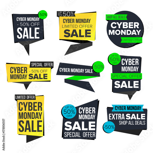 Cyber Monday Sale Banner Set Vector. November Sale Technology Banner. Website Stickers, Cyber Web Page Design. Up To 50 Percent Off Monday Badges. Isolated Illustration