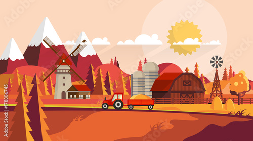 Flat Vector Farmland Landscape Illustration in Autumn. Countryside Vector Background.