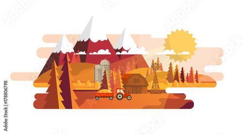 Flat Vector Landscape Illustration in Autumn. Countryside Vector Background.