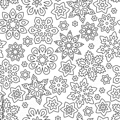 Abstract hand drawn outline seamless pattern with snowflakes isolated on white background. coloring antistress book for adult and older children.
