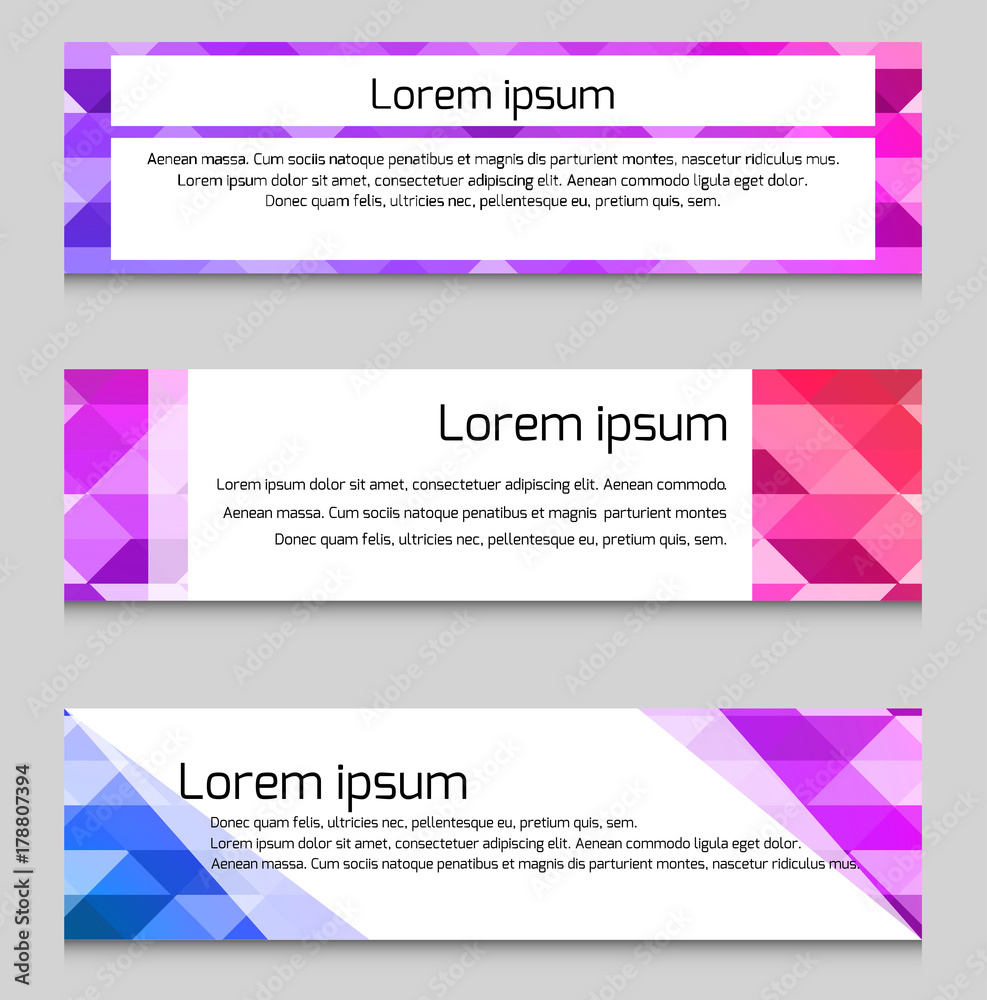 Set of horizontal banners with abstract polygonal triangles and space for text. Element for brochures, banners, leaflets and your design