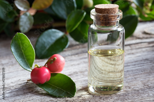 A bottle of wintergreen essential oil on white painted wood