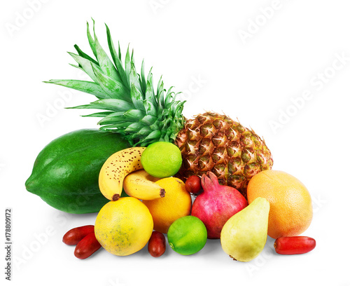 Assortment of exotic fruits isolated on white