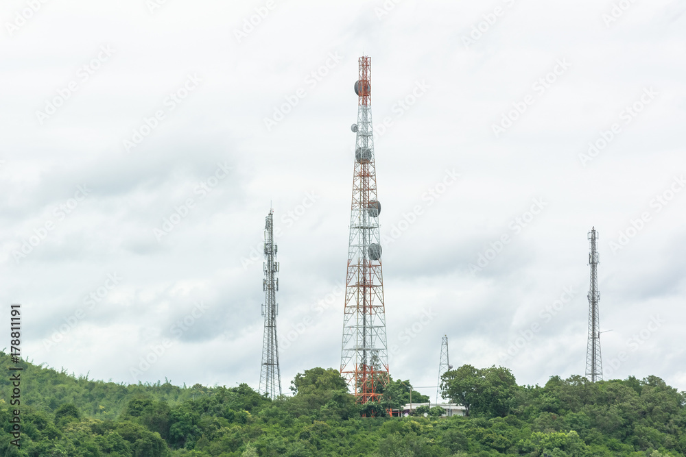 Telecommunication antenna tower, Radio antenna tower, Cellular antenna tower in blue sky background