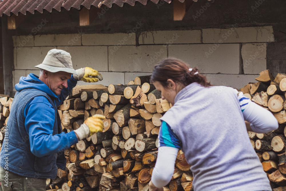 Daughter and father making a woodpile for winter.