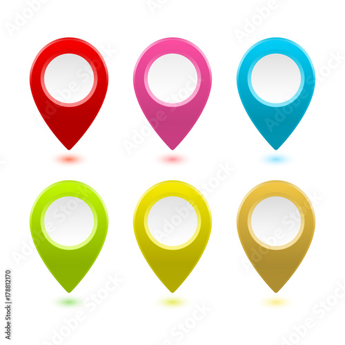 Free Download Colourful GPS map markers collection. Bright pointers set. Modern position location icon. Red, pink, blue, light green, yellow and gold signs. Vector illustration for your design. - GFXLoad