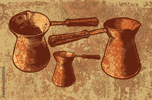 Coffee Pots, Turk Set. Hand Drawn Design Element. Engraving Style. Vector Illustration.