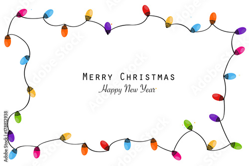 Colorful christmas frame with light bulb. Christmas lights decorative garland