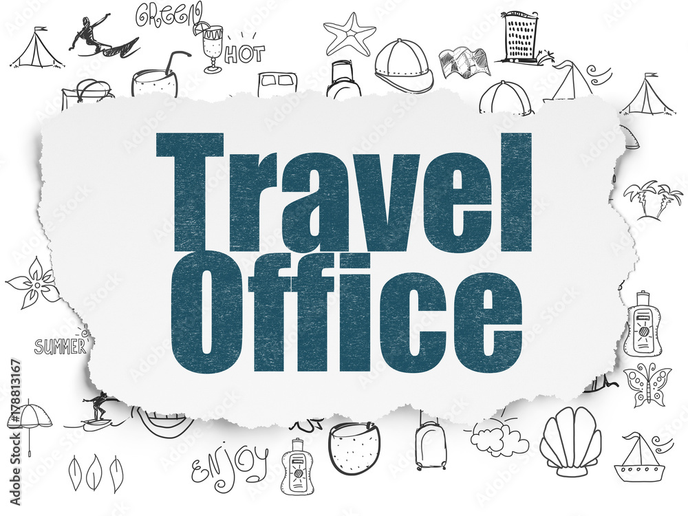 Travel concept: Painted blue text Travel Office on Torn Paper background with Hand Drawn Vacation Icons Travel concept: Painted blue text Travel Office on Torn Paper background with Hand Drawn Vacation Icons