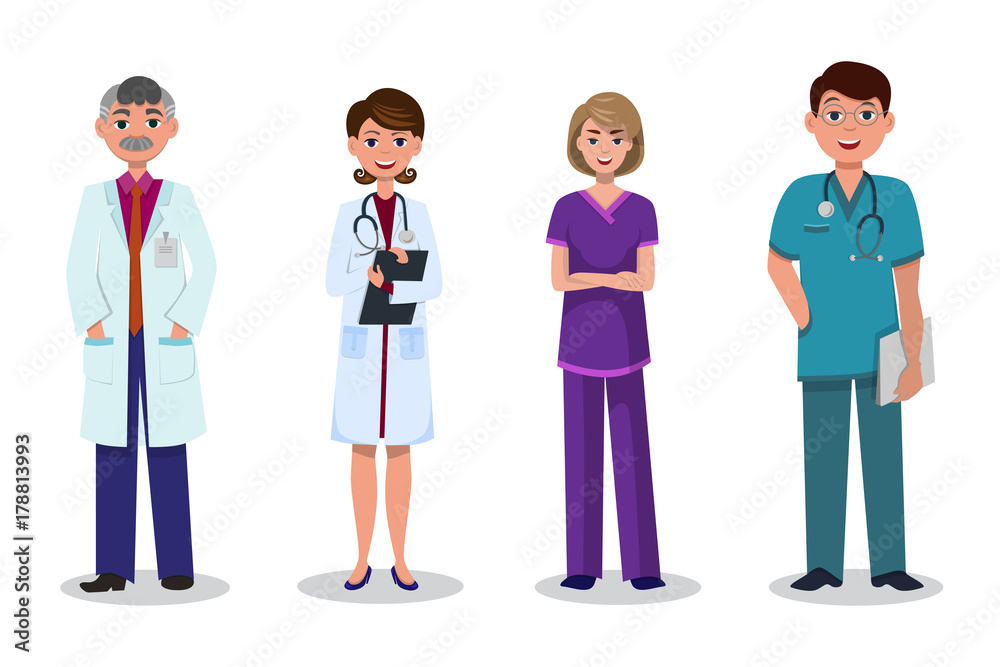 Team of doctors and nurses on white background, male and female in different uniform of different medical professions Team of doctors and nurses on white background, male and female in different uniform of different medical professions