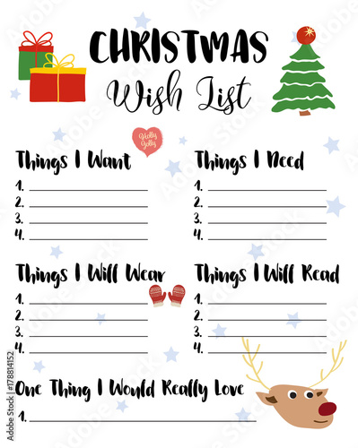 Christmas Wishlist for kids, vector illustration. Cute cartoon hand drawn elements, presents, fir tree, mittens, reindeer. Holiday card, isolated on white background. Christmas Wish List template.