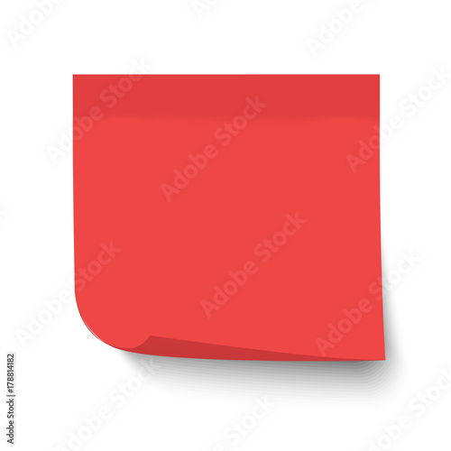 Red post note. Sticky memo, label with curled corner isolated on transparent background. Realistic template, mockup with shadow for your projects. Vector stock illustration. 