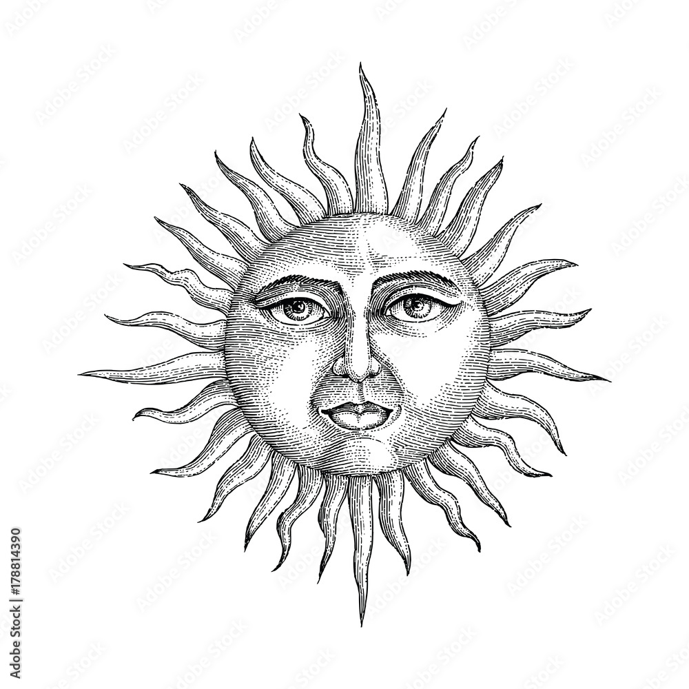 Face in sun hand drawing engraving style Stock Vector Adobe Stock