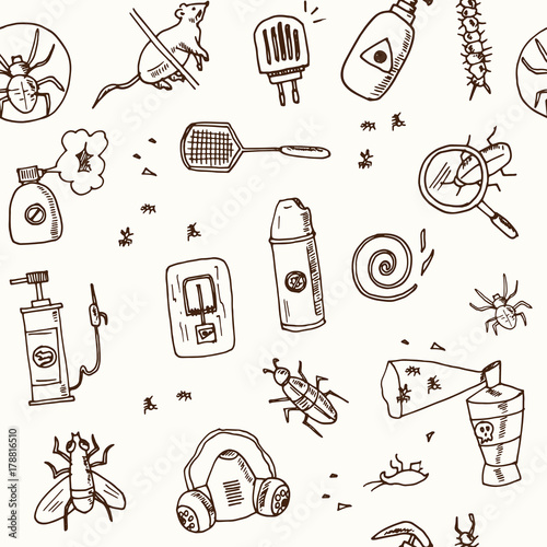 Hand drawn doodle pest control seamless pattern