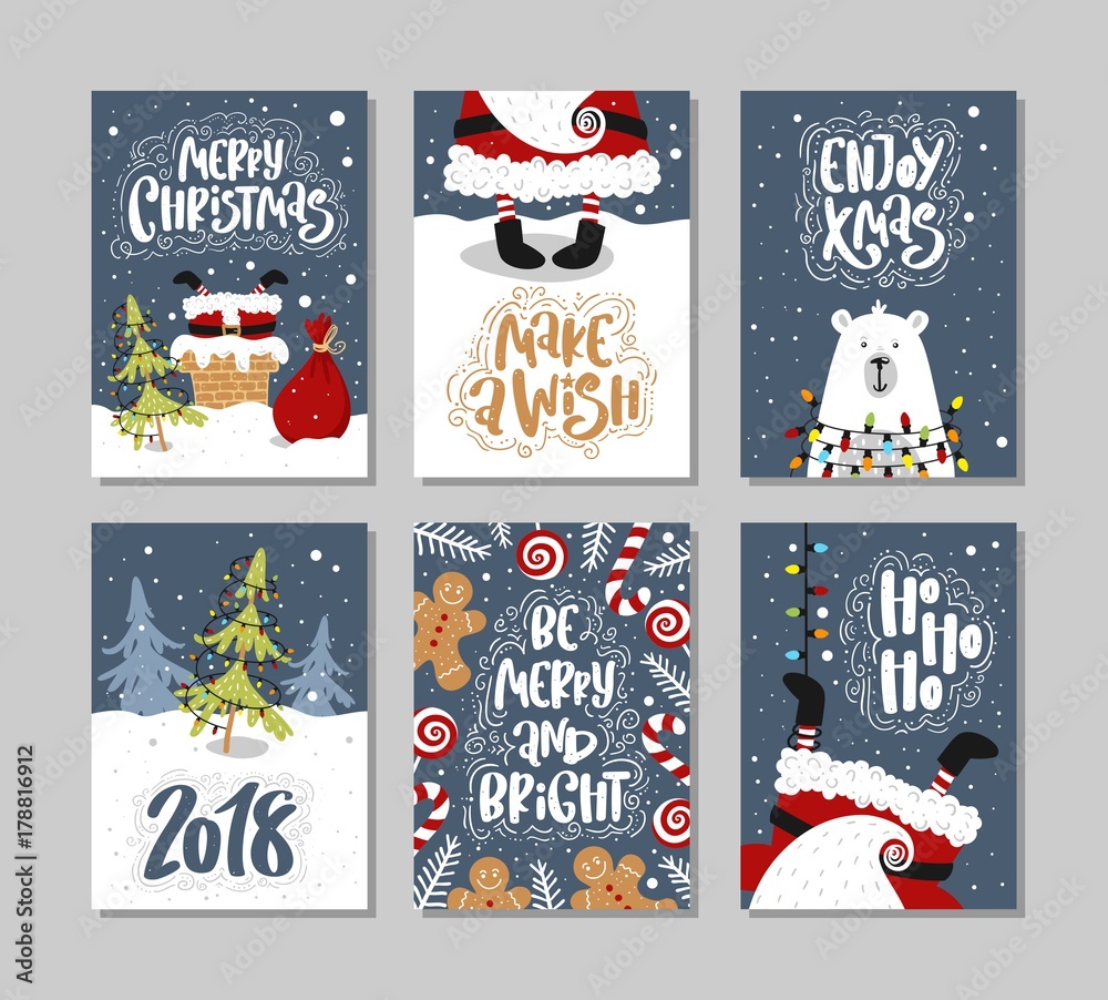 Christmas gift cards or tags with lettering. Hand drawn design elements.