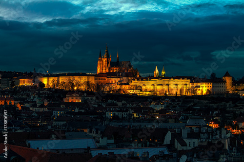 Illuminated Saint Vitus cathedral in Prague.