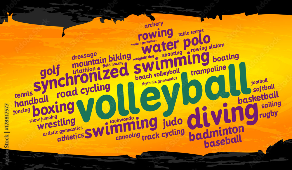 Volleyball. Word cloud, cool design, gold background. Summer sports