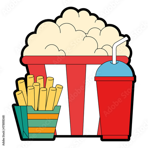 delicious pop corn with soda and french fries