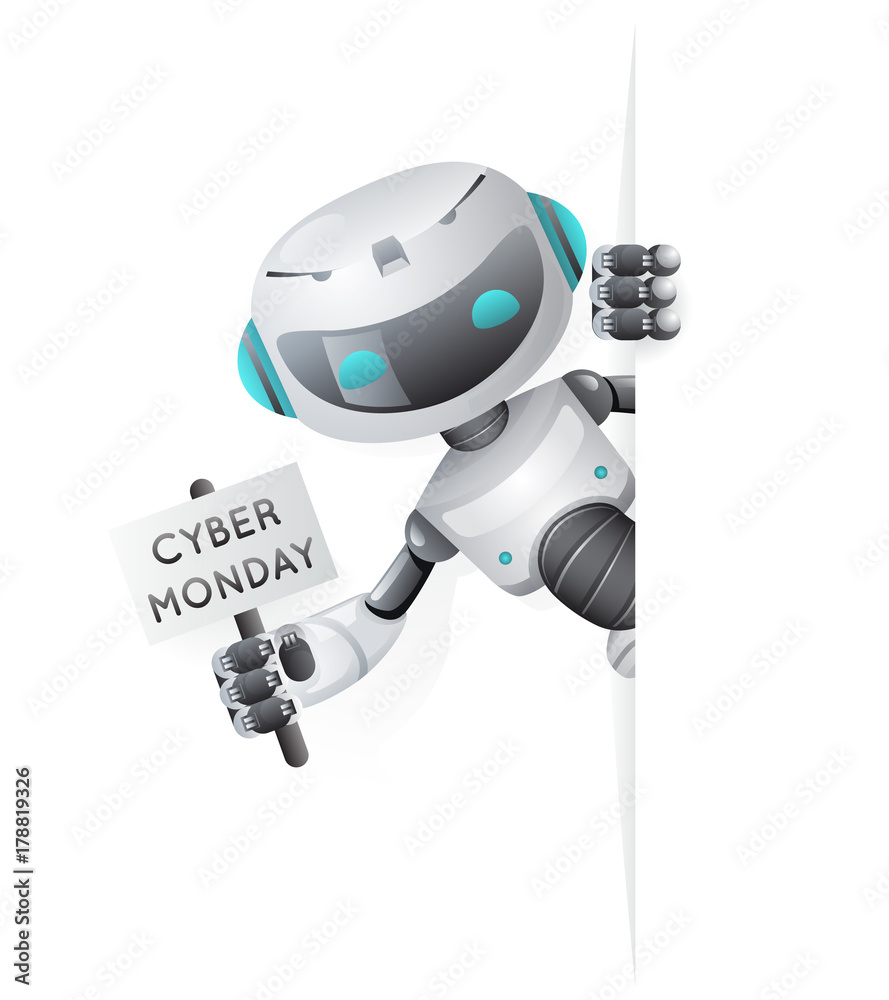 Cyber Monday robot look out corner poster in hand technology science fiction future cute little sale 3d design vector illustration Cyber Monday robot look out corner poster in hand technology science fiction future cute little sale 3d design vector illustration